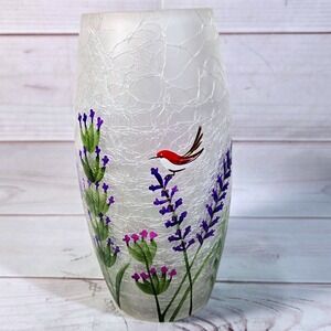 Crackled Glass Lavender‎ Floral Hummingbird - Hurricane Candle Cover